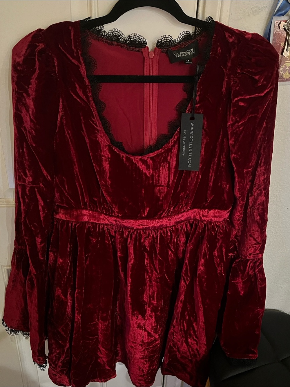 Red Velvet Lace-Trim Peplum Top by Widow Collab With Dolls Kill .